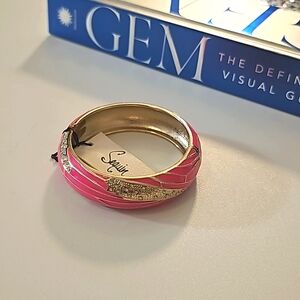 Vintage Gold Tone Sequin Enamel & Rhinestone Cuff Clamper Bracelet.